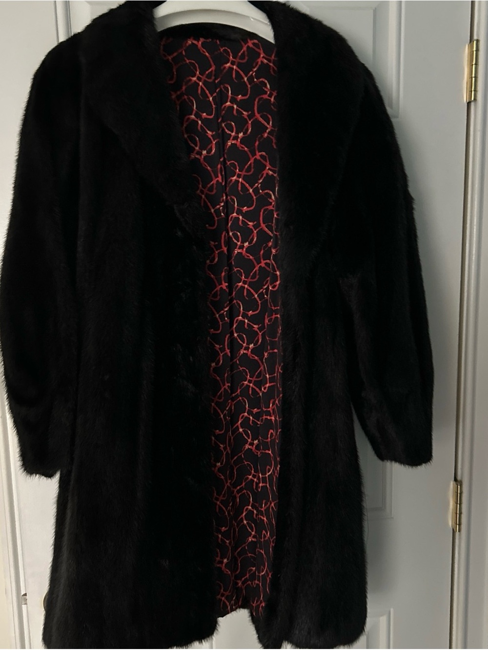 Black Mink Fur Women’s Coat with Red Patterned Lining Authentic